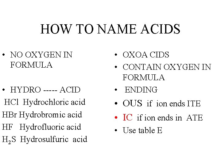 HOW TO NAME ACIDS • NO OXYGEN IN FORMULA • HYDRO ----- ACID HCl