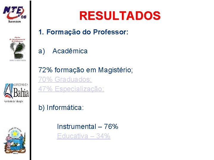 RESULTADOS 1. Formação do Professor: a) Acadêmica 72% formação em Magistério; 70% Graduados; 47%