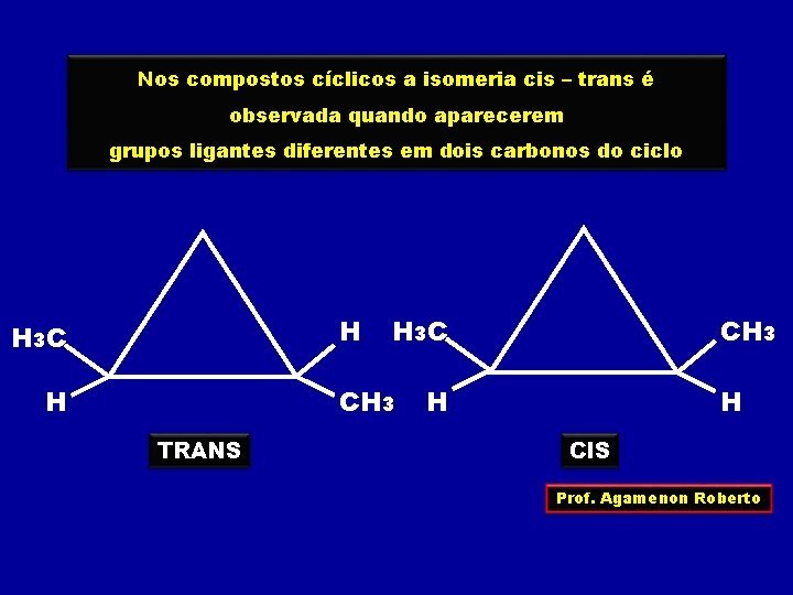 Nos compostos cíclicos a isomeria cis – trans é observada quando aparecerem grupos ligantes