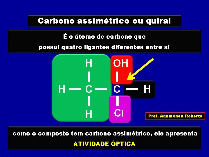 Carbono assimétrico ou quiral É o átomo de carbono que possui quatro ligantes diferentes