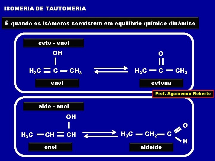 ISOMERIA DE TAUTOMERIA É quando os isômeros coexistem em equilíbrio químico dinâmico ceto -