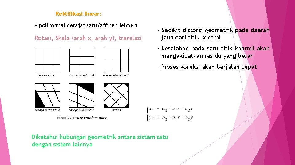 Rektifikasi linear: + polinomial derajat satu/affine/Helmert Rotasi, Skala (arah x, arah y), translasi -