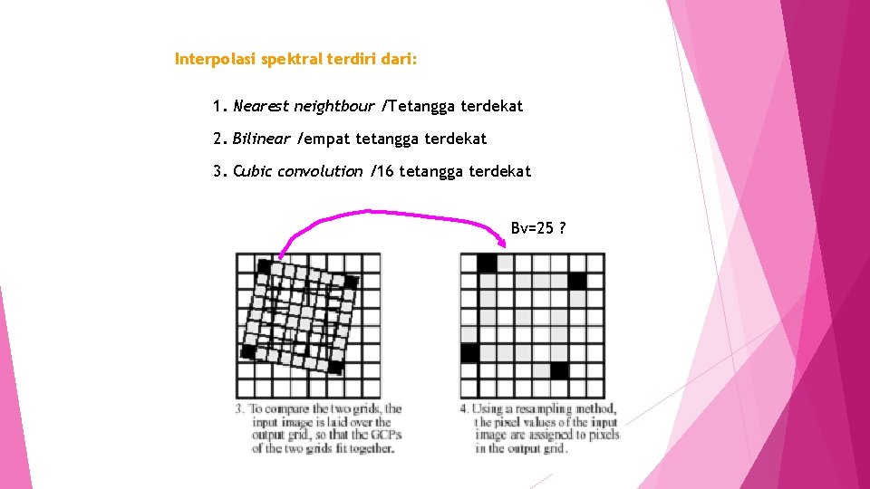 Interpolasi spektral terdiri dari: 1. Nearest neightbour /Tetangga terdekat 2. Bilinear /empat tetangga terdekat