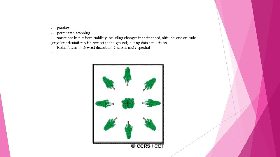 - paralax - perputaran scanning - variations in platform stability including changes in their