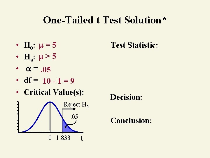 One-Tailed t Test Solution* • • • H 0: = 5 Ha: > 5