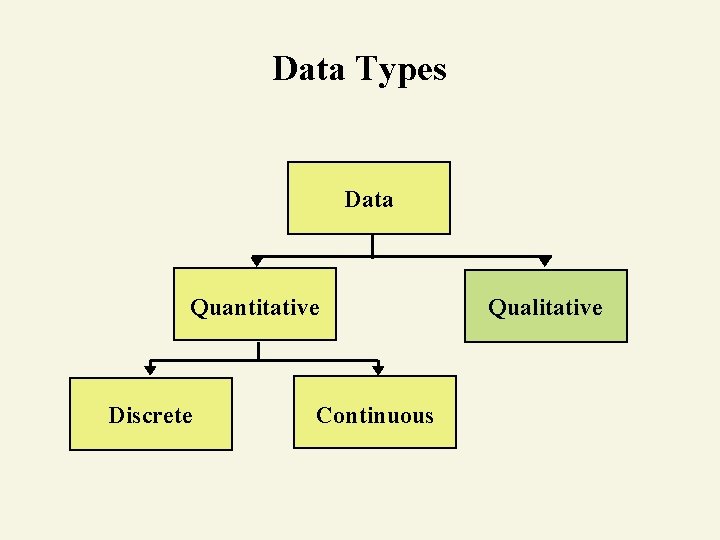 Data Types Data Quantitative Discrete Continuous Qualitative 