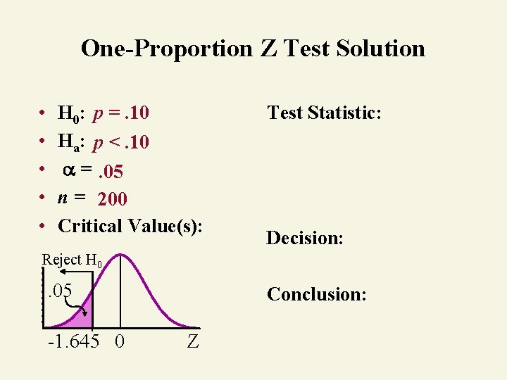 One-Proportion Z Test Solution • • • H 0: p =. 10 Ha: p