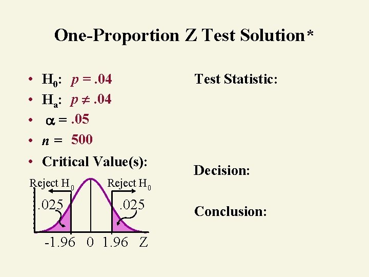 One-Proportion Z Test Solution* • • • H 0: p =. 04 Ha: p