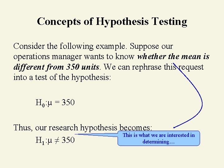 Concepts of Hypothesis Testing Consider the following example. Suppose our operations manager wants to
