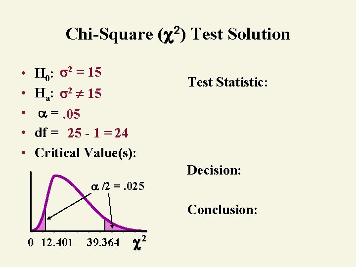 Chi-Square ( 2) Test Solution • • • H 0: 2 = 15 Ha: