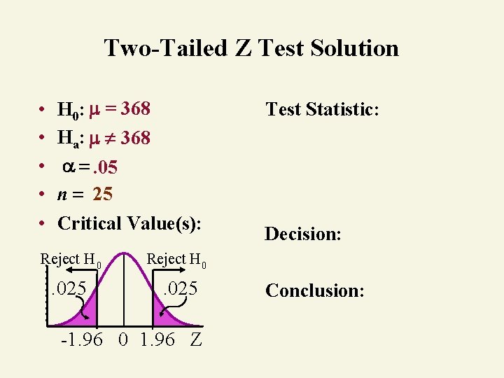 Two-Tailed Z Test Solution • • • H 0: = 368 Ha: 368 .