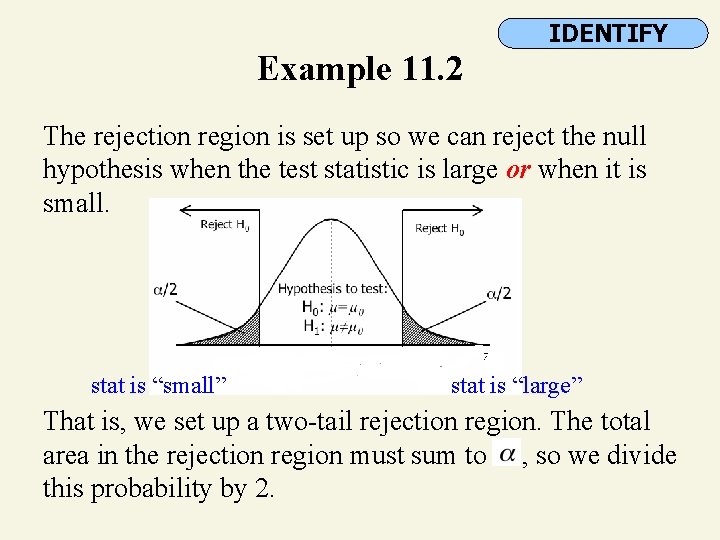 IDENTIFY Example 11. 2 The rejection region is set up so we can reject