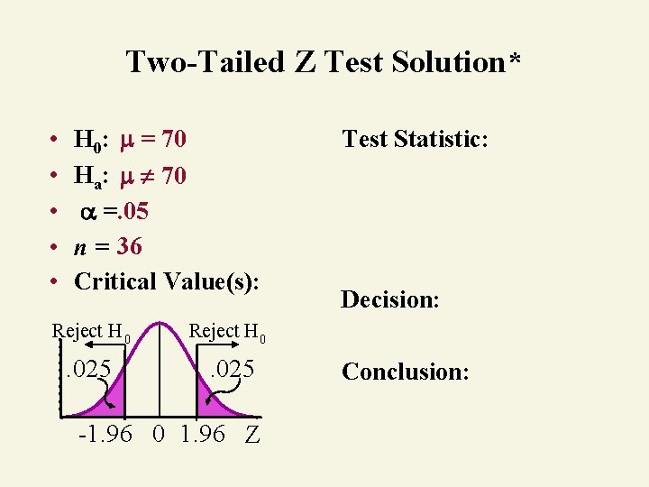 Two-Tailed Z Test Solution* • • • H 0: = 70 Ha: 70 =.