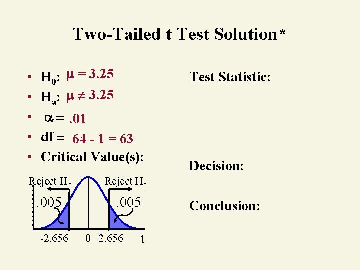 Two-Tailed t Test Solution* • • • H 0: = 3. 25 Ha: 3.