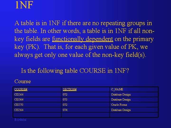 1 NF A table is in 1 NF if there are no repeating groups