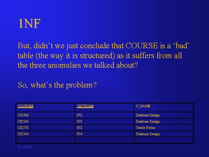 1 NF But, didn’t we just conclude that COURSE is a ‘bad’ table (the 1 NF But, didn’t we just conclude that COURSE is a ‘bad’ table (the