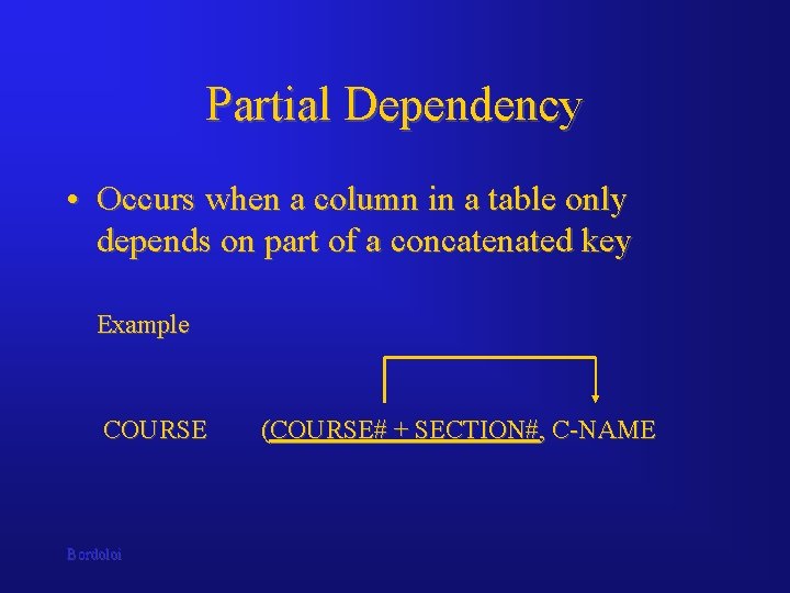 Partial Dependency • Occurs when a column in a table only depends on part