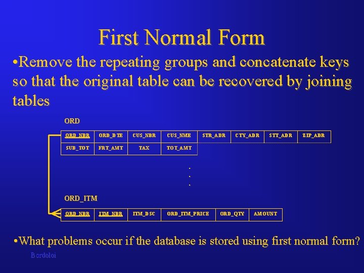 First Normal Form • Remove the repeating groups and concatenate keys so that the First Normal Form • Remove the repeating groups and concatenate keys so that the