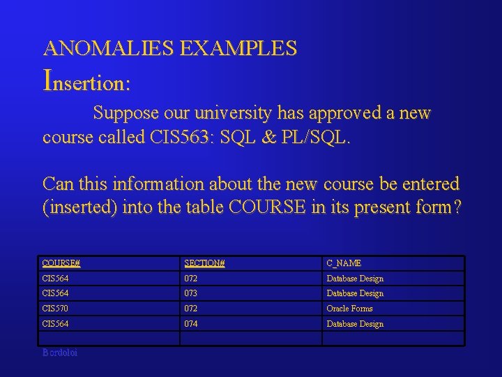 ANOMALIES EXAMPLES Insertion: Suppose our university has approved a new course called CIS 563: