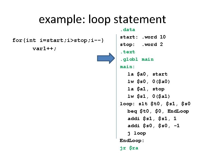 example: loop statement for(int i=start; i>stop; i--) var 1++; . data start: . word