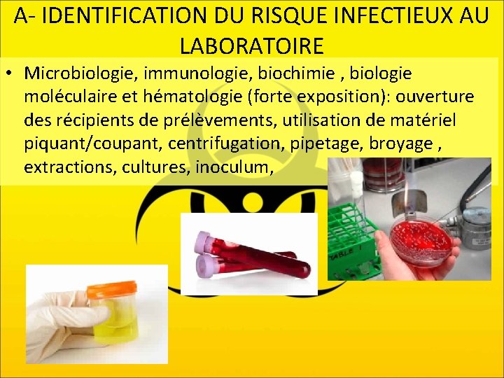 A- IDENTIFICATION DU RISQUE INFECTIEUX AU LABORATOIRE • Microbiologie, immunologie, biochimie , biologie moléculaire