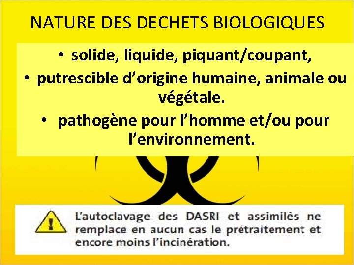 NATURE DES DECHETS BIOLOGIQUES • solide, liquide, piquant/coupant, • putrescible d’origine humaine, animale ou