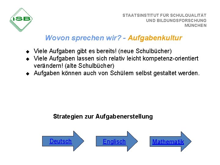 STAATSINSTITUT FÜR SCHULQUALITÄT UND BILDUNGSFORSCHUNG MÜNCHEN Wovon sprechen wir? - Aufgabenkultur u u u