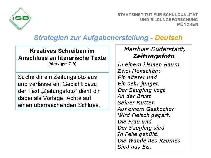 STAATSINSTITUT FÜR SCHULQUALITÄT UND BILDUNGSFORSCHUNG MÜNCHEN Strategien zur Aufgabenerstellung - Deutsch Kreatives Schreiben im