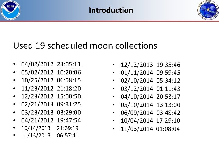 Introduction Used 19 scheduled moon collections • • 04/02/2012 05/02/2012 10/25/2012 11/23/2012 12/23/2012 02/21/2013