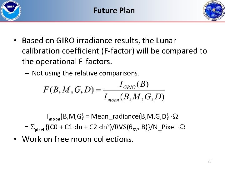Future Plan • Based on GIRO irradiance results, the Lunar calibration coefficient (F-factor) will