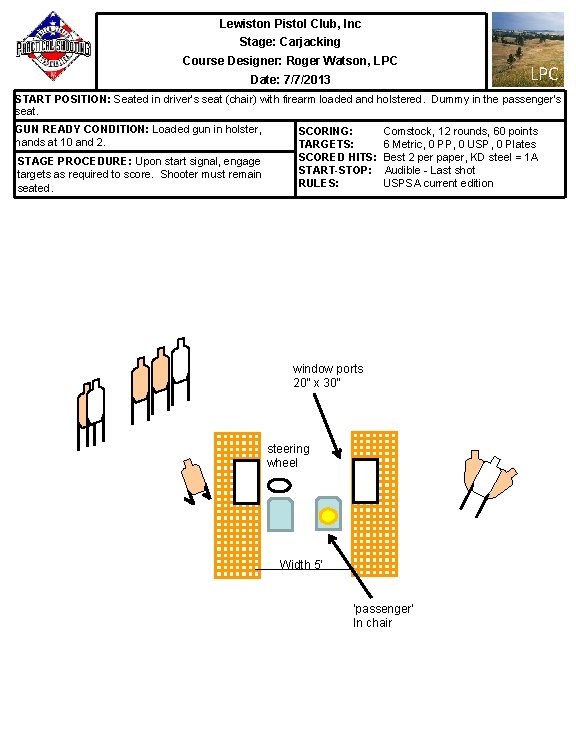 Lewiston Pistol Club, Inc Stage: Carjacking Course Designer: Roger Watson, LPC Date: 7/7/2013 LPC