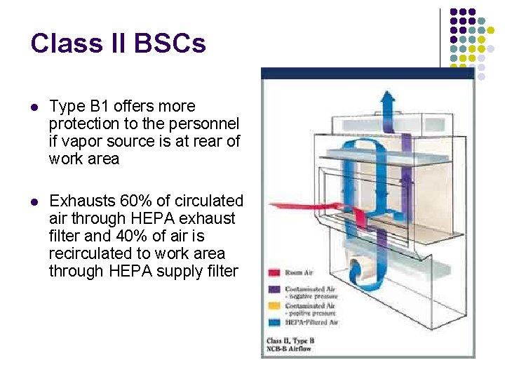 Class II BSCs l Type B 1 offers more protection to the personnel if
