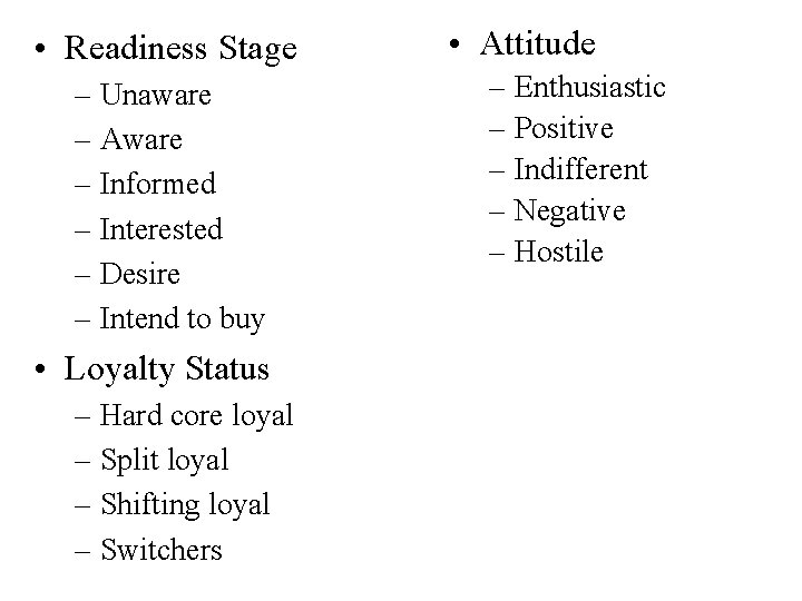  • Readiness Stage – Unaware – Aware – Informed – Interested – Desire