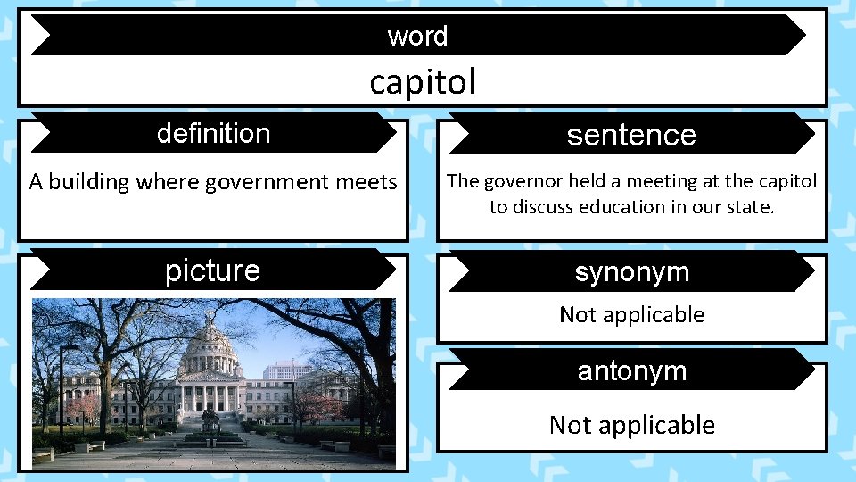 word capitol definition sentence A building where government meets The governor held a meeting