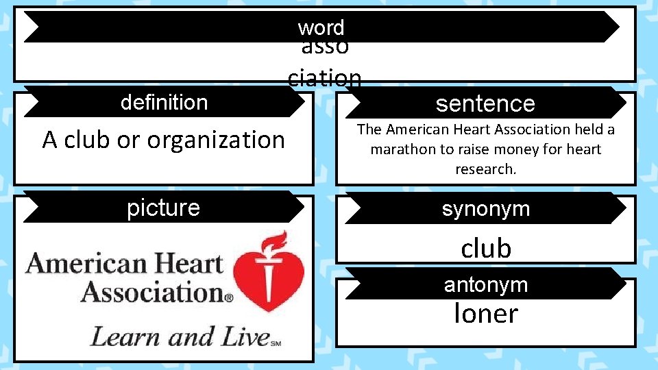 word definition asso ciation sentence A club or organization The American Heart Association held