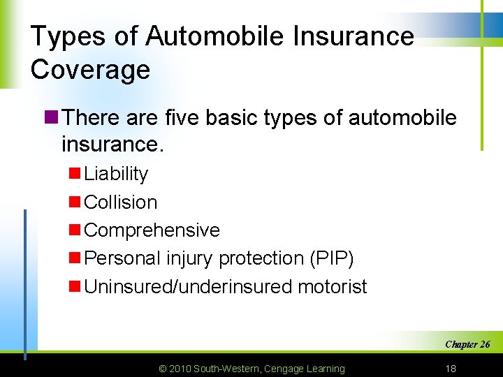 Types of Automobile Insurance Coverage n There are five basic types of automobile insurance.
