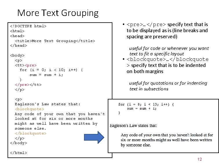 More Text Grouping <!DOCTYPE html> <head> <title>More Text Grouping</title> </head> <body> <p> <tt><pre> for