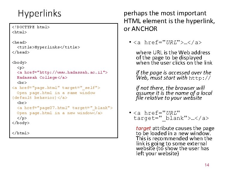 Hyperlinks <!DOCTYPE html> <head> <title>Hyperlinks</title> </head> <body> <p> <a href="http: //www. hadassah. ac. il">