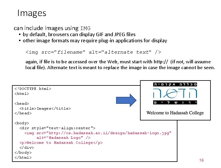 Images can include images using IMG • by default, browsers can display GIF and