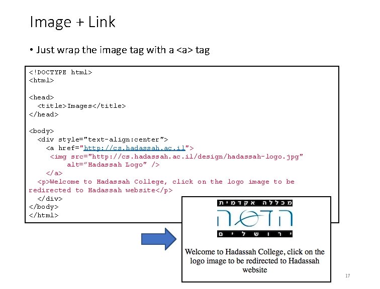 Image + Link • Just wrap the image tag with a <a> tag <!DOCTYPE