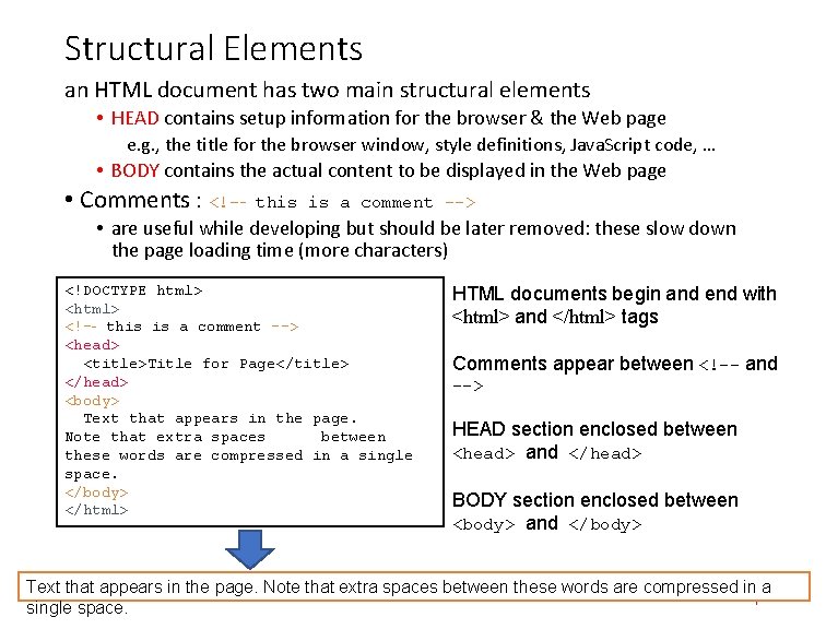 Structural Elements an HTML document has two main structural elements • HEAD contains setup