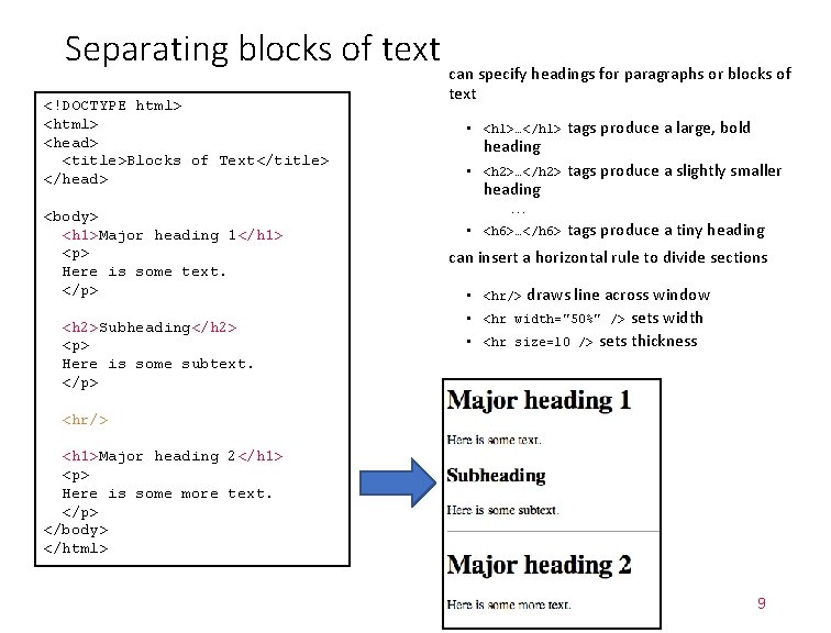 Separating blocks of text <!DOCTYPE html> <head> <title>Blocks of Text</title> </head> <body> <h 1>Major