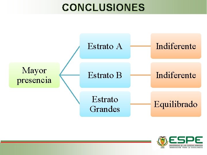 CONCLUSIONES Mayor presencia Estrato A Indiferente Estrato B Indiferente Estrato Grandes Equilibrado 