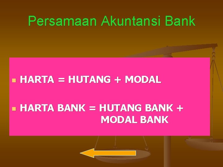 Persamaan Akuntansi Bank n n HARTA = HUTANG + MODAL HARTA BANK = HUTANG