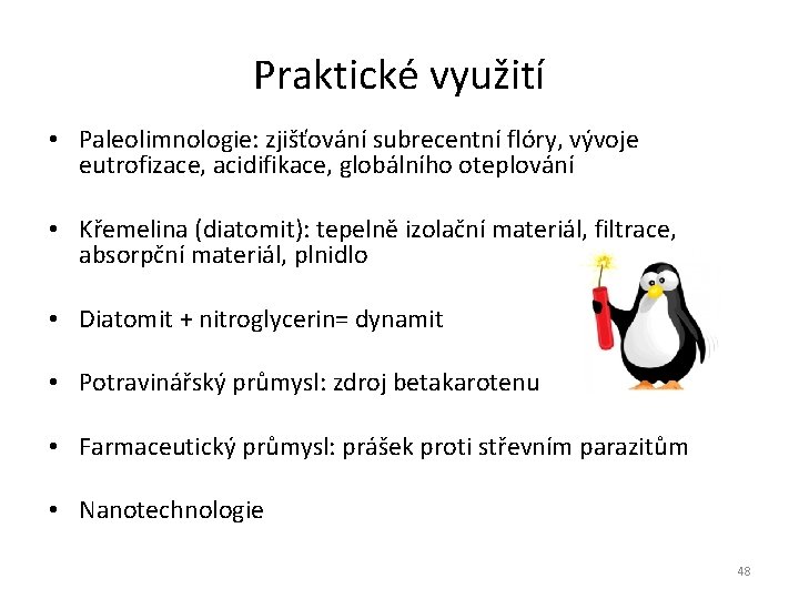 Praktické využití • Paleolimnologie: zjišťování subrecentní flóry, vývoje eutrofizace, acidifikace, globálního oteplování • Křemelina