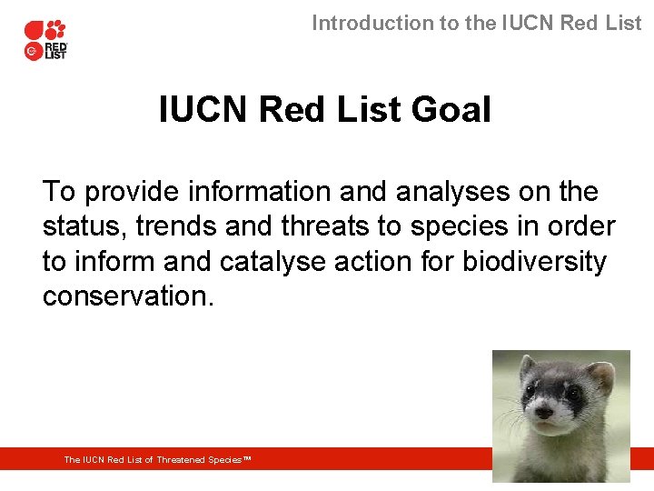 Introduction to the IUCN Red List Goal To provide information and analyses on the