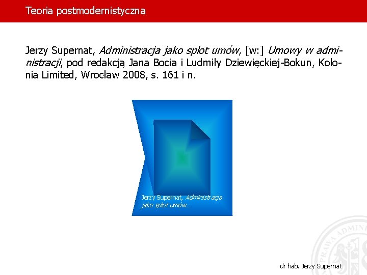 Teoria postmodernistyczna Jerzy Supernat, Administracja jako splot umów, [w: ] Umowy w administracji, pod
