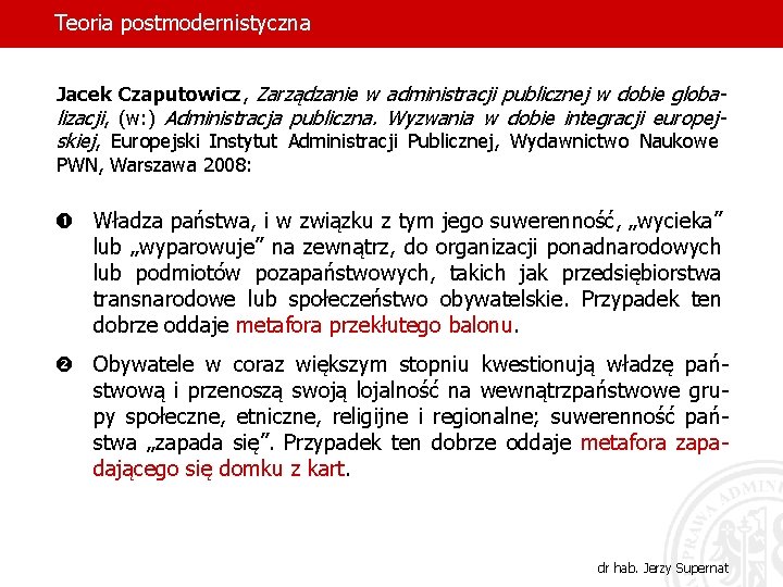 Teoria postmodernistyczna Jacek Czaputowicz, Zarządzanie w administracji publicznej w dobie globalizacji, (w: ) Administracja Teoria postmodernistyczna Jacek Czaputowicz, Zarządzanie w administracji publicznej w dobie globalizacji, (w: ) Administracja