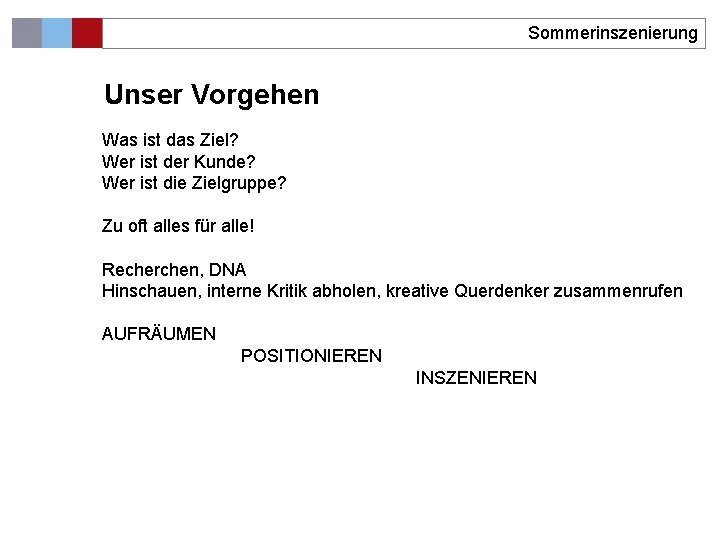 Sommerinszenierung Unser Vorgehen Was ist das Ziel? Wer ist der Kunde? Wer ist die
