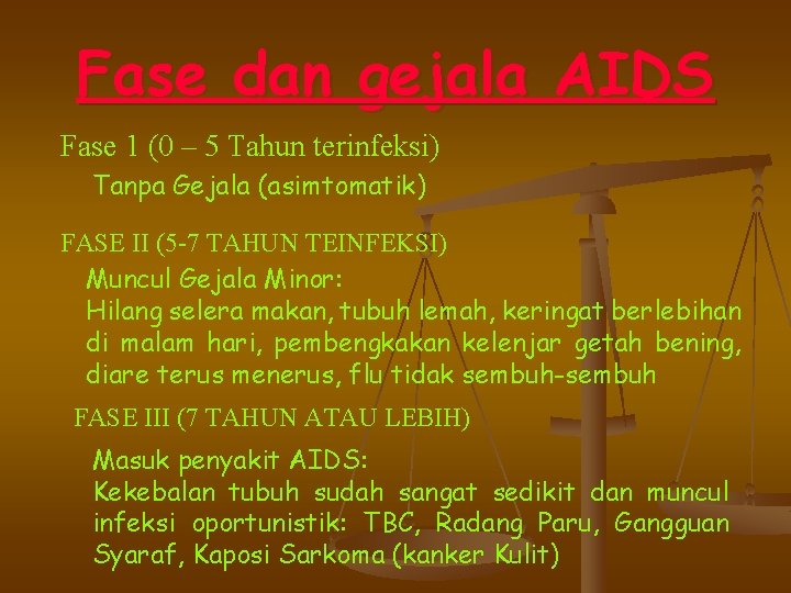 Fase dan gejala AIDS Fase 1 (0 – 5 Tahun terinfeksi) Tanpa Gejala (asimtomatik)